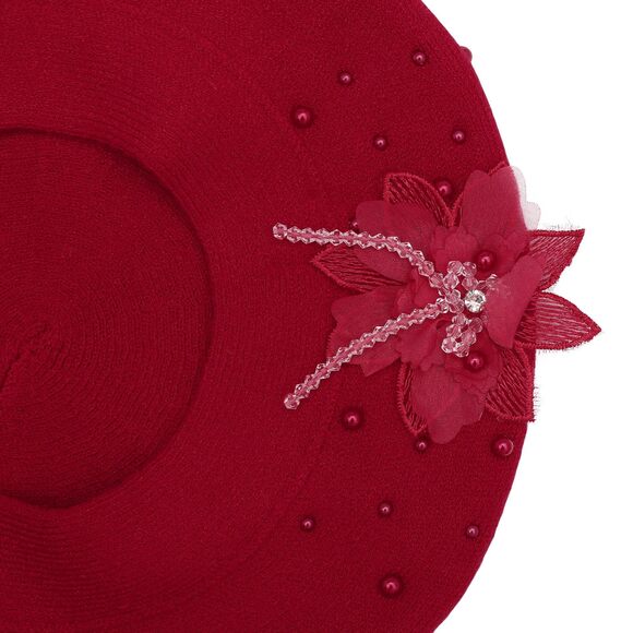 2823 Women French Beret Hat Reversible Solid Color Floral Warm Knitted Beret
